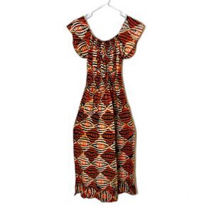 Vintage 70s Batik Maxi Dress Smocked Waist Flutter Sleeve Orange Black Boho S/M